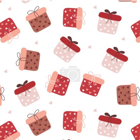 Illustration for Gift boxes, is a seamless set of icons. Hand drawn doodle collection isolated on white background. Colorful wrapped paper fabric. Shopping sale concept. Birthday Christmas. Cartoon flat design. - Royalty Free Image