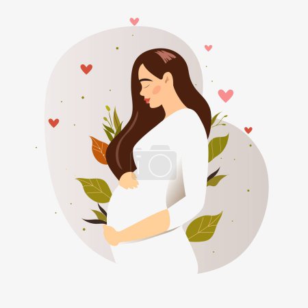 Illustration for Pregnant woman, happy expectant mother standing in nature and hugging her belly with her hands. Side view. Pregnancy and motherhood. Vector illustration in a flat style. - Royalty Free Image