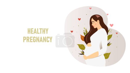 Illustration for Pretty pregnant woman with long hair on the background of green leaves.Pregnancy banner. Concept of pregnancy, motherhood, family. Side view of a pregnant woman's belly.Vector illustration. - Royalty Free Image