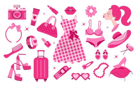 Ilustración de Glamorosas pegatinas de moda rosa conjunto. Nostálgica colección de estilo 2000. Set de moda rosa, accesorios de muñeca y ropa. Utilizado para crear joyas atractivas, papelería. - Imagen libre de derechos