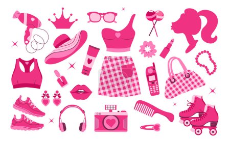 Illustration for Glamorous trendy pink stickers set. Nostalgic 2000s style collection. Pink trendy set, doll accessories and clothing. Used to create attractive jewelry, stationery. - Royalty Free Image