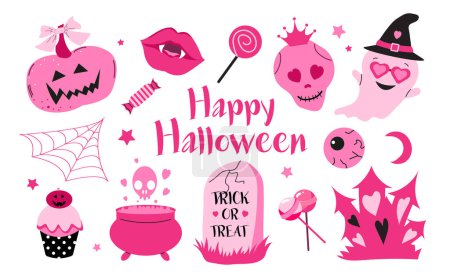 Illustration for Pink Halloween vector set with ghost, skull, castle, tombstone, pumpkin, cake. Happy Halloween. Halloween lettering quote - Royalty Free Image