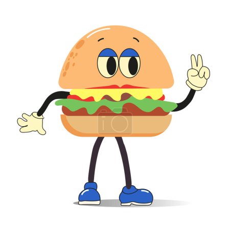 Téléchargez les illustrations : Illustration de burger. Mignon personnage drôle pour la restauration rapide. Design plat. Illustration vectorielle - en licence libre de droit