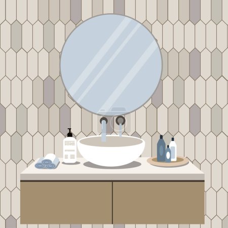 Illustration for Bathroom sink with mirror, bottles, soap, towels. Fashion vector illustration in flat style. - Royalty Free Image