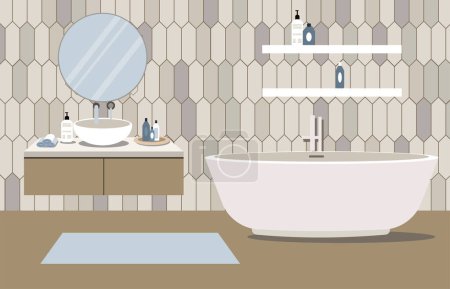 Téléchargez les illustrations : Salle de bain moderne avec mobilier. Intérieur de salle de bain confortable aux couleurs pastel. Illustration vectorielle en style plat - en licence libre de droit