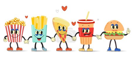 Illustration for Set of funny fast food characters - pizza, french fries, burger, popcorn, coffee. Group of friendly Fast Food meals.Cartoon vector illustration isolated on white background. - Royalty Free Image
