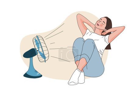 Ilustración de Ventilador de enfriamiento. Una chica sudorosa sentada frente a un ventilador durante los días calurosos de verano y que no se siente bien debido al terrible calor. Ilustraciones de diseño vectorial dibujado a mano. - Imagen libre de derechos
