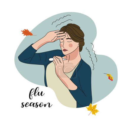 Illustration for Lettering Flu Season and illustration of sick woman with a thermometer - ill with infection, allergy, flu or fever. Influenza. Catch a cold. Autumn leaves. - Royalty Free Image