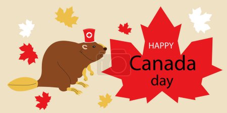 Illustration for Happy Canada Day background. Red maple leaf and a beaver in a hat. Vector illustration. Celebrating Canada Day on July 1st. Banner, poster, postcard. - Royalty Free Image