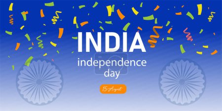 Téléchargez les illustrations : Jour de l'indépendance indienne 15 août avec Confetti, Ashoka Wheel. Utilisez pour bannière, web, espace texte, affiche, carte de vœux et annonces - en licence libre de droit