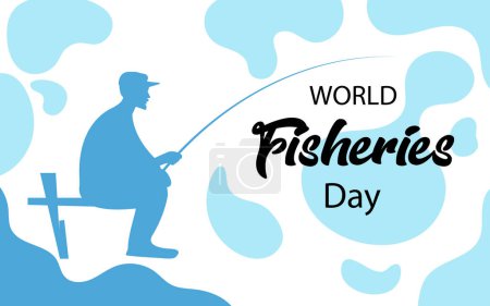 Illustration for Postcard design for World Fisheries Day. A man is sitting with a fishing rod. Vector illustration for poster, banner, postcard. - Royalty Free Image