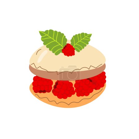 Illustration for Cute raspberry dessert vector illustration. Sweet dish garnished with mint. Glamor card, menu birthday invitation - Royalty Free Image