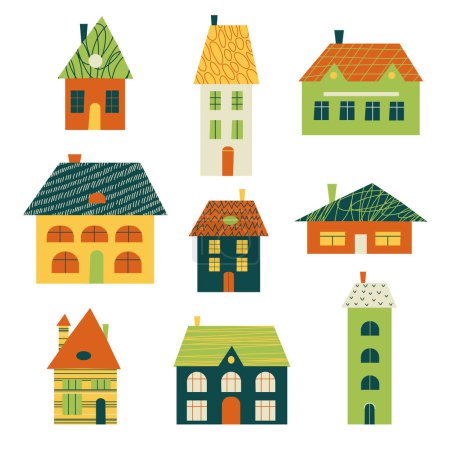 Illustration for Cute little and big flat cartoon houses. Set of vector icons isolated on white background.Cute bright baby illustrations. - Royalty Free Image