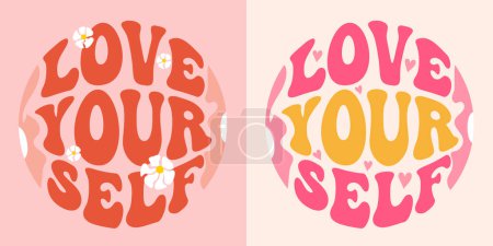 Illustration for Love yourself retro groovy lettering. Retro slogan in round shape. Colourful trendy print design for posters, cards, T-shirts in hippie style 60s, 70s. - Royalty Free Image