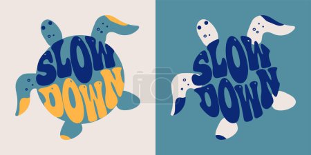 Illustration for Slow down. Retro groovy lettering. Retro slogan in round shape.Vector turtle icon illustration for greeting card, t shirt, print, stickers, posters design on white background. - Royalty Free Image
