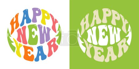 Illustration for Happy New Year text. Retro slogan in round shape. Hand drawn letters. Inscription for prints, postcards, posters, socials, banners, stickers and seasonal design. - Royalty Free Image