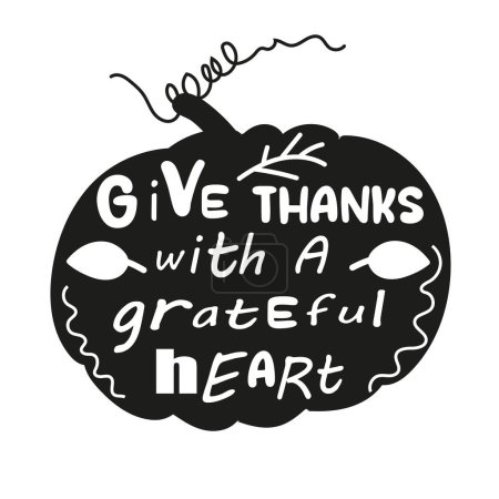 Ilustración de Fondo vectorial con calabaza y frase "Da gracias con un corazón agradecido". Tarjeta retro con silueta de calabaza y texto escrito a mano. Diseño blanco y negro.Citas positivas inspiradoras - Imagen libre de derechos