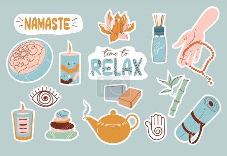 Illustration for Yoga sticker set. Hand drawn elements set: aroma sticks, mat, block. Vector flat illustration. Collection of yoga stuff, equipment. Sport, fitness, stretching accessories - Royalty Free Image