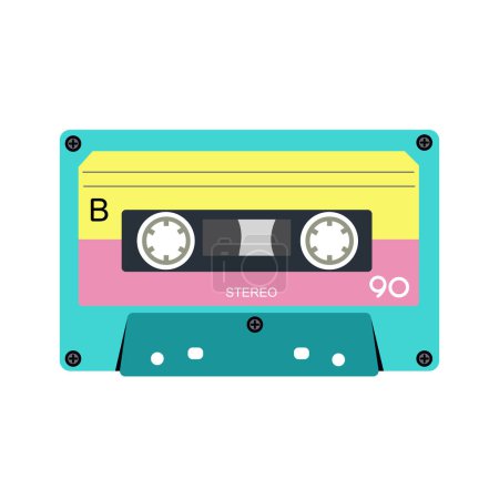 Illustration for Retro music cassette. Stereo DJ tape, vintage 90s cassettes tapes and audio tape. antique radio play cassette, 1970s or 1980s rock music mix audiocassette. - Royalty Free Image