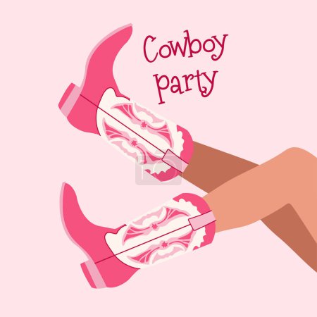 Ilustración de Patas femeninas en botas de vaquero rosadas y la frase Cowboy Party. Plantilla de póster estilo retro vectorial. Tema Wild west. Cartel, pancarta o invitación del partido del vaquero occidental del vector. - Imagen libre de derechos