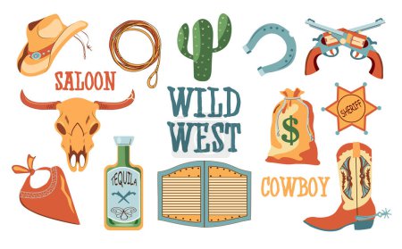 Illustration for The set of vector illustrations of the wild West. Cartoon set with cowboy hat, tequila, gun, cactus, lasso, skull, horseshoe. Vector illustration isolated on white background. - Royalty Free Image