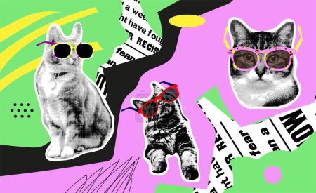 Téléchargez les illustrations : Collage éléments de design dans le style pop art pointillé à la mode. Effet demi-teinte rétro. Portraits de chats en lunettes de soleil.Éléments isolés vectoriels. avec des lunettes. Conception d'impression, impression de t-shirt - en licence libre de droit