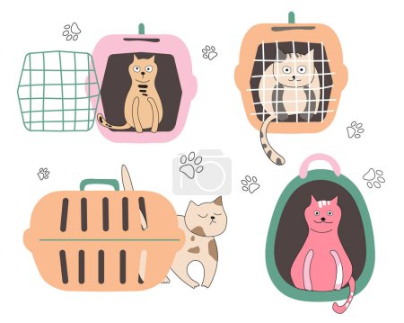 Illustration for Cat carrier front view, side view, with the open and closed door. Flat cartoon vector illustration.Different cats in carriers.Vector illustration isolated on white background. - Royalty Free Image