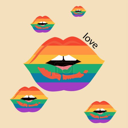 Ilustración de Cartel LGBT sobre fondo beige.Tarjeta de felicitación vectorial para el mes del orgullo LGBTQIA. Ilustración LGBTQ con labios. Un símbolo de orgullo para la comunidad LGBT. Elementos arco iris. - Imagen libre de derechos