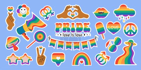 Illustration for LGBT stickers vector illustration set. Festival slogan. Happy Pride day, Love wins, Love is Love hand drawn modern lettering saying with rainbow. Design for flyer, card, banner. - Royalty Free Image