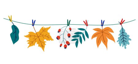 Ilustración de Hojas de otoño colgando de la cuerda unidas con pinza. Ilustración vectorial aislada sobre fondo blanco. - Imagen libre de derechos