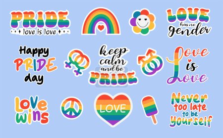 Illustration for LGBT stickers vector illustration set. Festival slogan. Happy Pride day, Love wins, Love is Love hand drawn modern lettering saying with rainbow. Design for flyer, card, banner. - Royalty Free Image