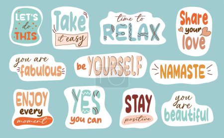 Illustration for Motivational stickers set. Cute positive badges, lettering, doodle quotes, stickers. Inspirational quotes. Be yourself, stay positive etc. Vector illustration. Cute cartoon vector. Flat style inspiration - Royalty Free Image