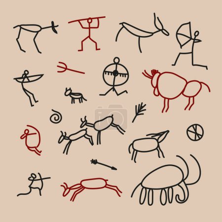Illustration for Hand-drawn pattern of cave drawings.Rock painting. Primitive ancient sketch, prehistoric symbols of hunters animals plants and ornaments on stone wall. Vector petroglyph prehistoric drawing. - Royalty Free Image