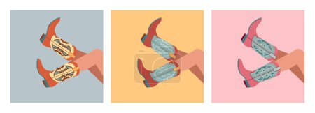 Ilustración de Conjunto de tres pares de patas femeninas en botas de vaquero.Varias botas de vaquera. Tema vaquero del oeste, salvaje oeste. Ilustración vectorial dibujada a mano. Cada tarjeta está aislada - Imagen libre de derechos