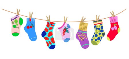 Illustration for Socks on a rope with colored clothespins. Dry a cotton or wool sock and hang it on a clothesline with clothespins. Baby socks with textures and patterns vector cartoon. Illustration of woolen and cotton - Royalty Free Image