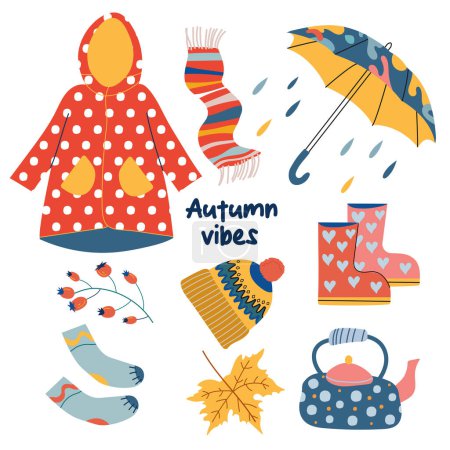 Illustration for Autumn items, clothes, accessories, vector illustration. Hand drawn set with kettle, umbrella, rubber boots, raincoat, hat, socks and rain. Cute cozy colorful illustration. - Royalty Free Image