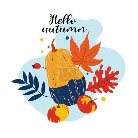Greeting card with Hello autumn text and pumpkins.Autumn harvest. Hand painted bright pumpkins with leaves isolated on white background. Botanical illustration with lettering for design