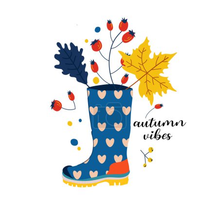 Illustration for Autumn vibes.Trendy vector rubber boot with hearts and leaves. Modern illustration design for web and print. Autumn holiday atmosphere concept. - Royalty Free Image