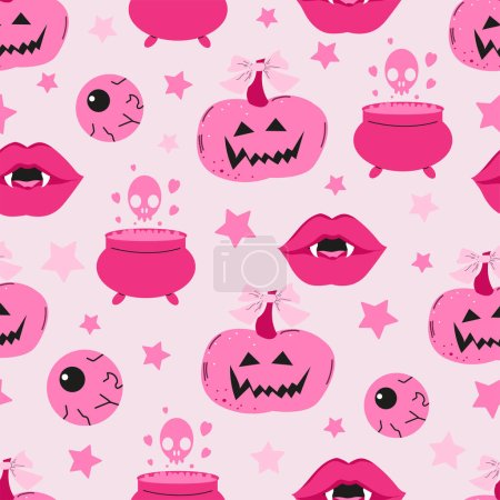 Illustration for Halloween seamless pattern background design with funny pink pumpkin, witch cauldron and other scary elements on pink background. Holiday spooky pattern for gift paper, cards, wallpaper, decoration - Royalty Free Image