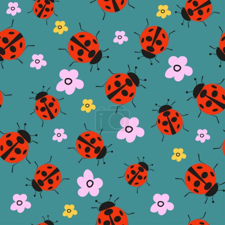 Illustration for Ladybugs with flowers and leaves seamless pattern. Vector illustration on a blue background. - Royalty Free Image