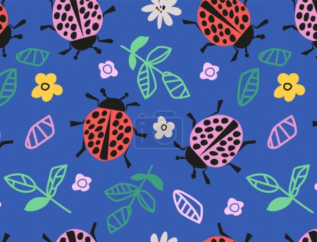 Illustration for Ladybug with flowers and leaves seamless pattern. Vector illustration on a blue background. - Royalty Free Image