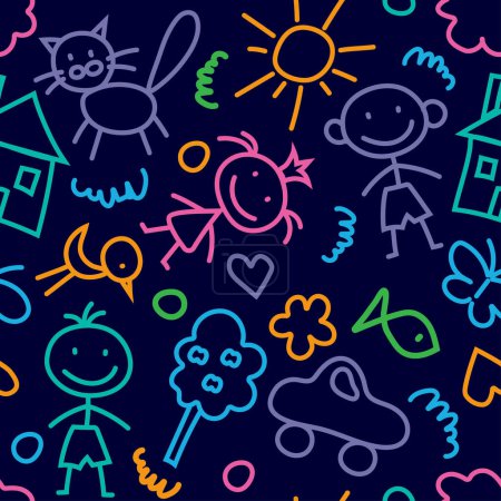 Illustration for Seamless color vector pattern with cute baby doodles on a dark background. - Royalty Free Image