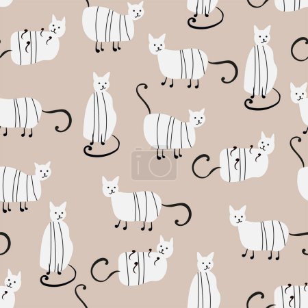 Ilustración de Patrón de gatos con estilo. Dibuja a mano lindos gatos en estilo de boceto. Patrón sin costura vectorial con gatito de dibujos animados. Para textiles, ropa, ropa de cama, suministros de oficina. - Imagen libre de derechos