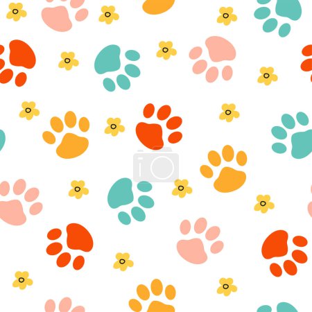 Illustration for Colorful cute animal footprints isolated on white background. Seamless vector pattern. Lots of bright marks and colors. World Wildlife Day - Royalty Free Image