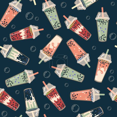 Illustration for Seamless pattern with bubble milk tea in cups. Repeating print with cold boba cocktail in glasses with straw. Colored flat vector illustration for decoration - Royalty Free Image