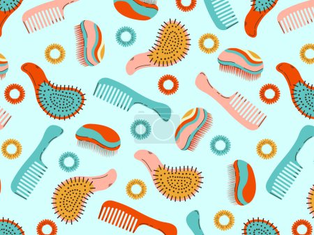 Illustration for Fashionable seamless pattern with various combs, hair ties. Barbershop or barbershop background. Vector illustration on a light green background. - Royalty Free Image