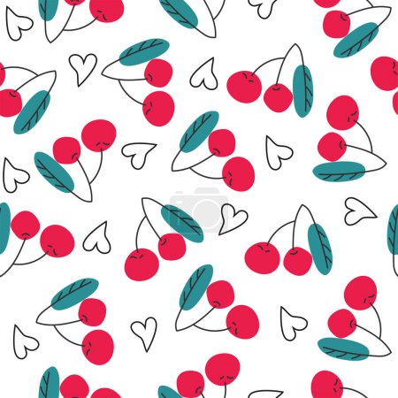 Ilustración de Patrón de cereza moderna. Lindas cerezas de dibujos animados y corazones aislados sobre fondo blanco. Bayas rojas brillantes y jugosas. Dibujo manual - Imagen libre de derechos