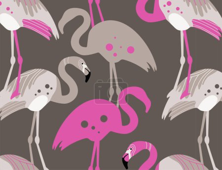 Ilustración de Hermoso patrón tropical vectorial sin costuras con flamencos rosados sobre un fondo gris. Textura abstracta de verano - Imagen libre de derechos