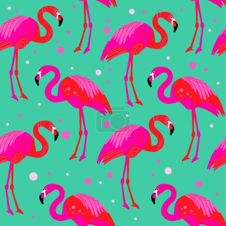 Téléchargez les illustrations : Magnifique motif tropical vectoriel sans couture avec des flamants roses sur fond vert. Texture estivale abstraite - en licence libre de droit