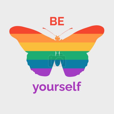 Illustration for LGBT poster on a light background. Be yourself. Vector card for LGBTQIA pride month. An LGBTQ illustration with a butterfly. A symbol of pride for the LGBT community. Rainbow elements. - Royalty Free Image